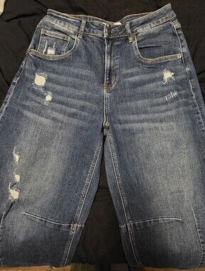 Mica Los Angeles High Rise Wide Leg Raw Hem Distressed Denim Jeans